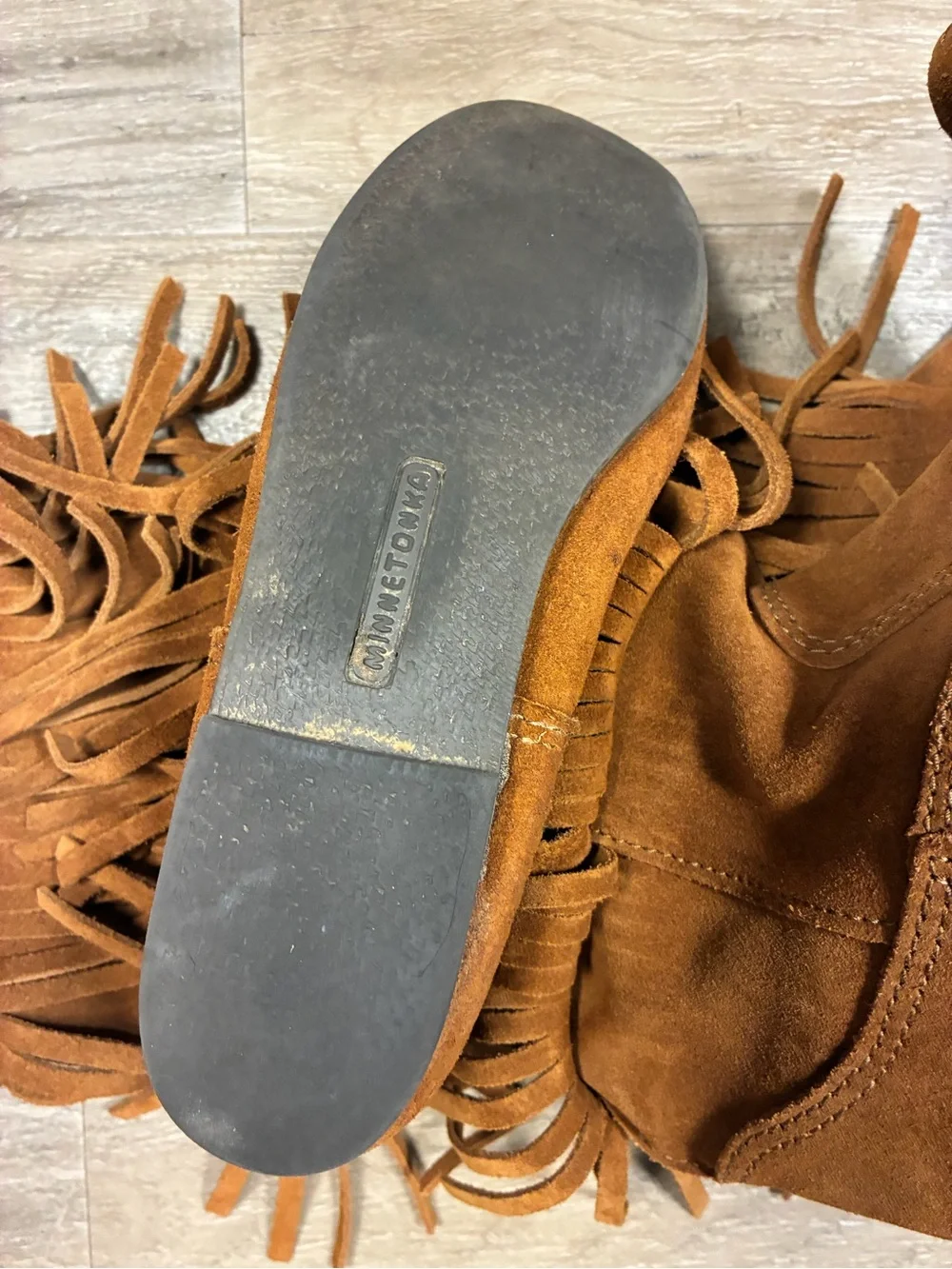 Minnetonka Three Fringe Suede Moccasin Pull On Western Boots Mid Calf